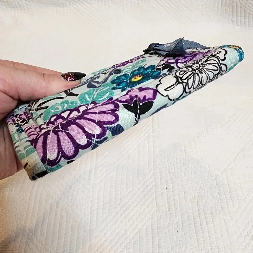 Vera Bradley Penelope's Garden tri-fold‎ wallet. Blue green purple floral.